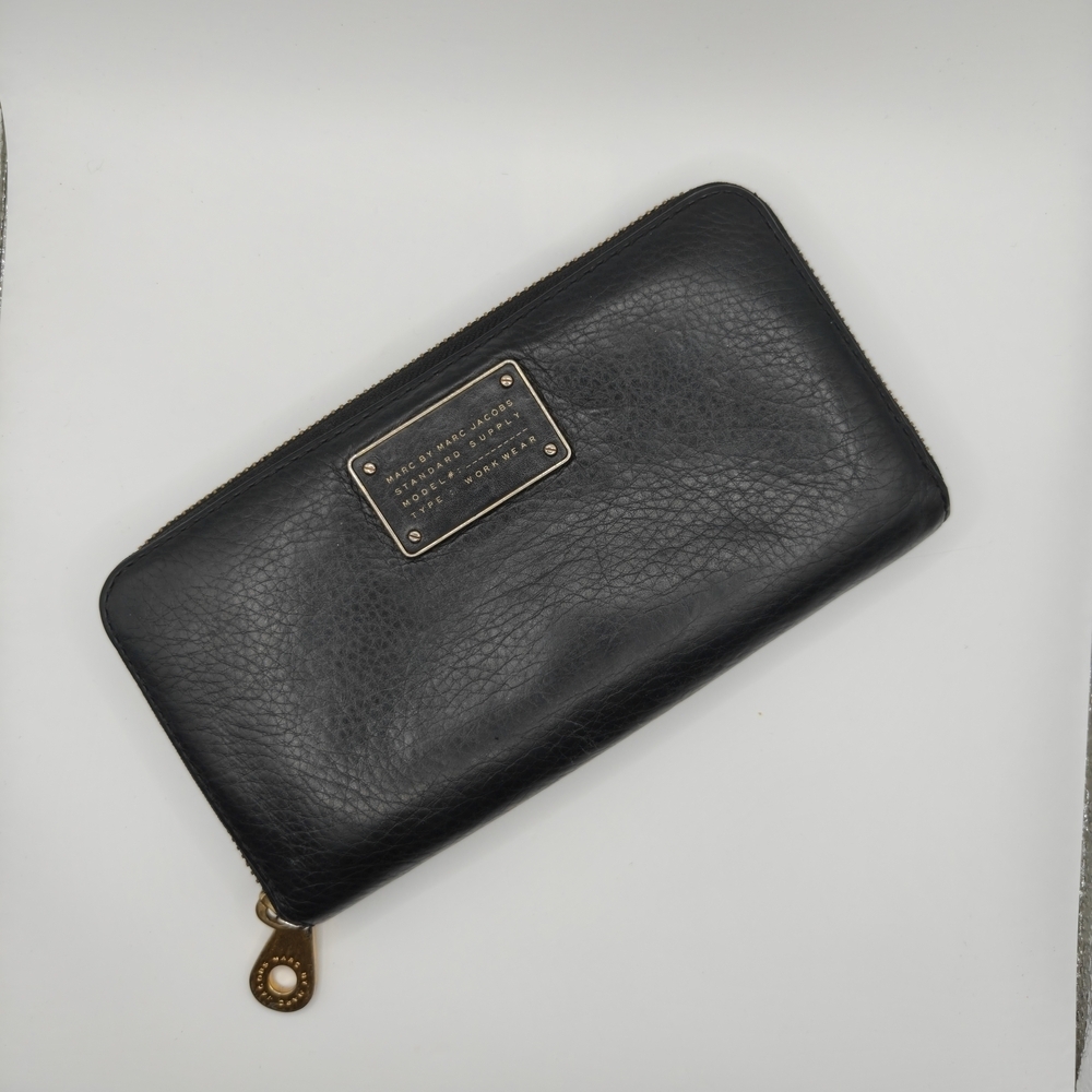 Marc by Marc Jacobs Black Leather Zip Around Wallet with Gold Plaque